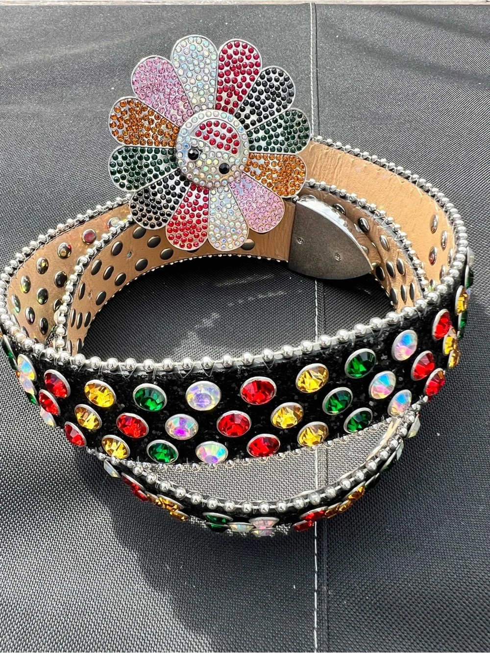Y2K MURAKAMI FLOWER SILVER RHINESTONE GLITTER STUDDED BB BELT *1 Rhinestone Miss